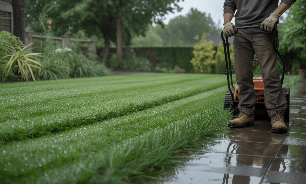 hoveniers geven advies: maai je gazon niet als het gras nog nat is van de regen om schade te voorkomen en een gezonde grasmat te behouden.