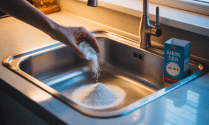 strooi zuiveringszout in de gootsteen voor het slapengaan en geniet de volgende ochtend van een verstoppingsvrije afvoer. een simpele en natuurlijke oplossing voor verstopte gootstenen.